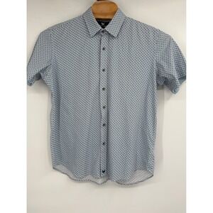 Buttercloth Shirt‎ Mens XL White Blue Dots Button Up Short Sleeve Stretch